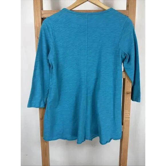 NWT Kleen Turquoise Rolled Hem 3/4 Sleeve Scoop Neck Top #1147 XS - Picture 4 of 5